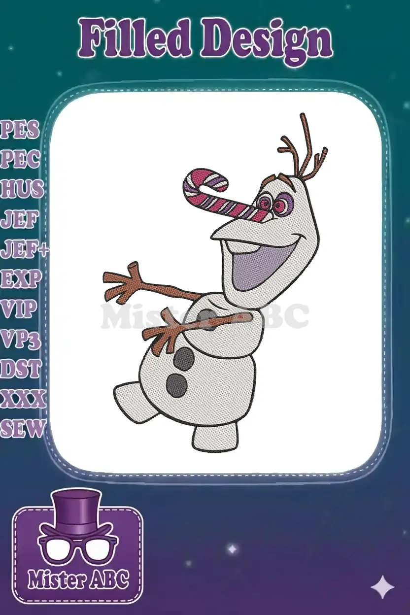 A cheerful embroidered Olaf from Frozen, with a striped candy cane for a nose, smiling brightly on a white background.