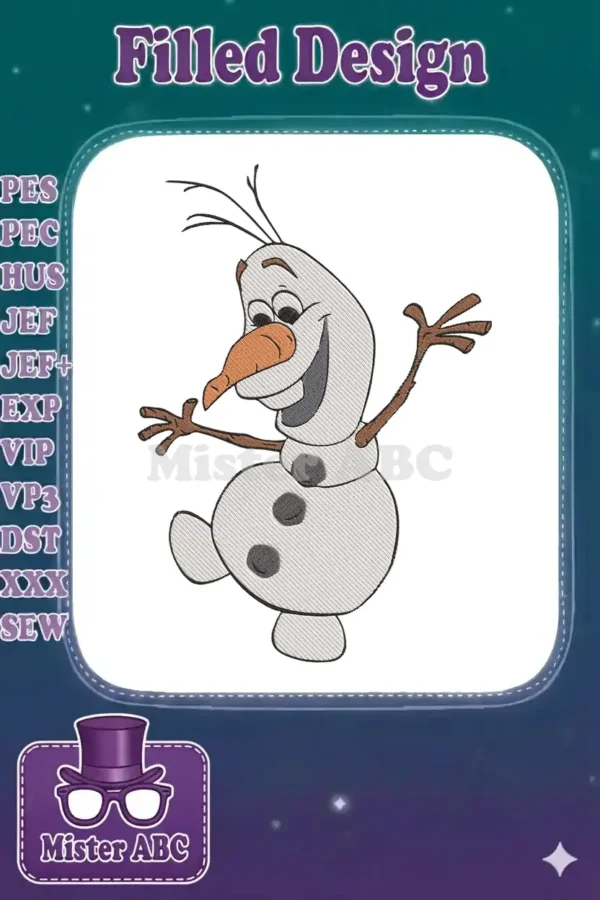 A cheerful Olaf embroidery design, with his arms outstretched and a big smile, ready to bring warmth.