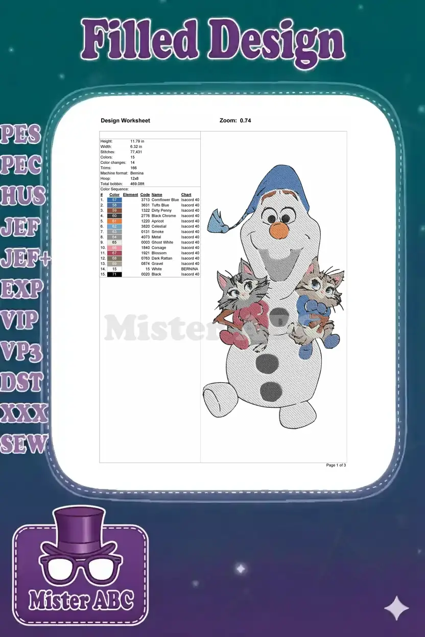 Embroidery design worksheet showing dimensions, stitch count, color sequence, and machine format for Olaf and kittens.