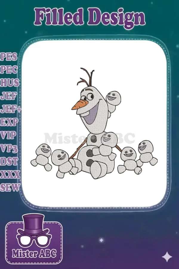 A charming embroidery design of Olaf, the cheerful snowman from Frozen, surrounded by several small, smiling snowgies.