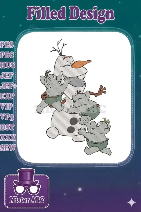 A charming machine embroidery design depicting Olaf from Frozen happily surrounded by three playful rock trolls.