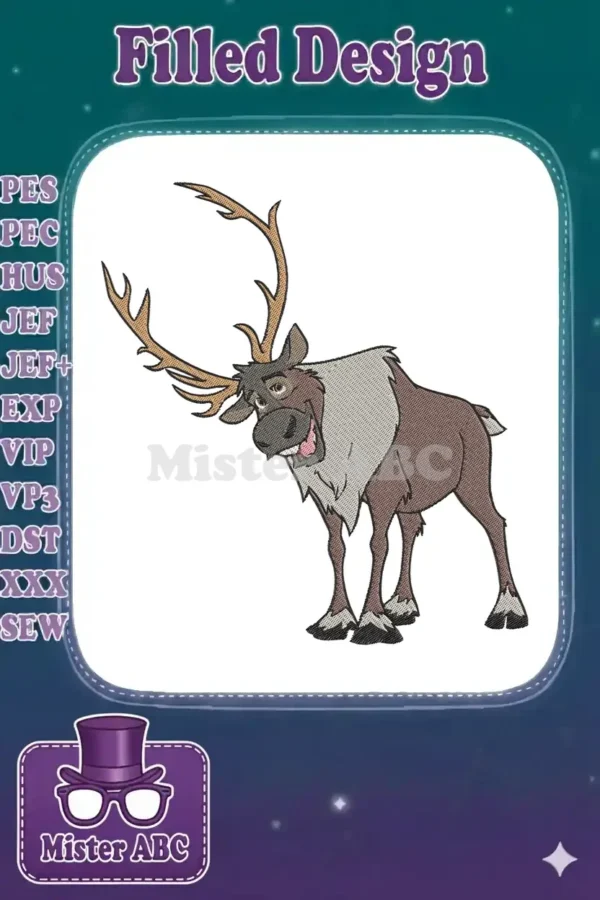 A vibrant embroidery design of Sven the reindeer from Disney's Frozen, looking playful with large antlers.