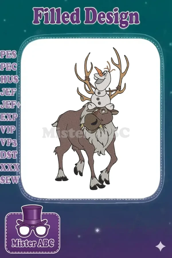 A vibrant machine embroidery design featuring Olaf the snowman cheerfully riding on Sven the reindeer's head.