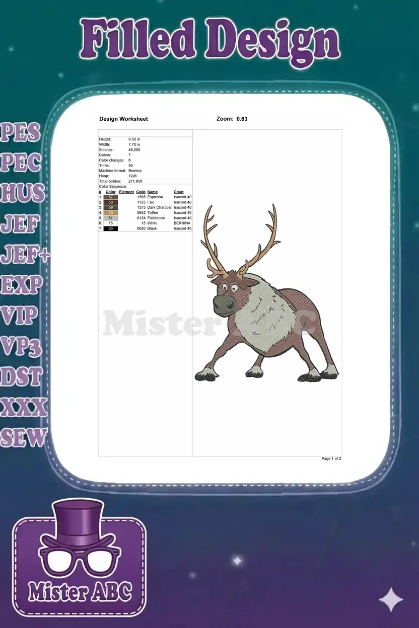 An embroidery design worksheet showing Sven, detailing dimensions, stitch count, color sequence, and thread types.