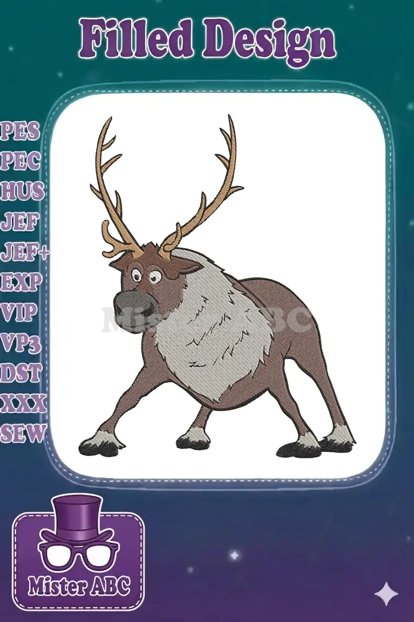A detailed embroidery design of Sven, the beloved reindeer from Disney's Frozen, standing with antlers.