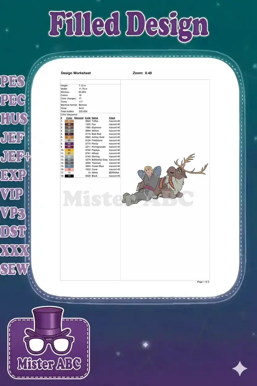 Embroidery design worksheet detailing Kristoff and Sven, showing dimensions, stitch count, colors, and thread chart.