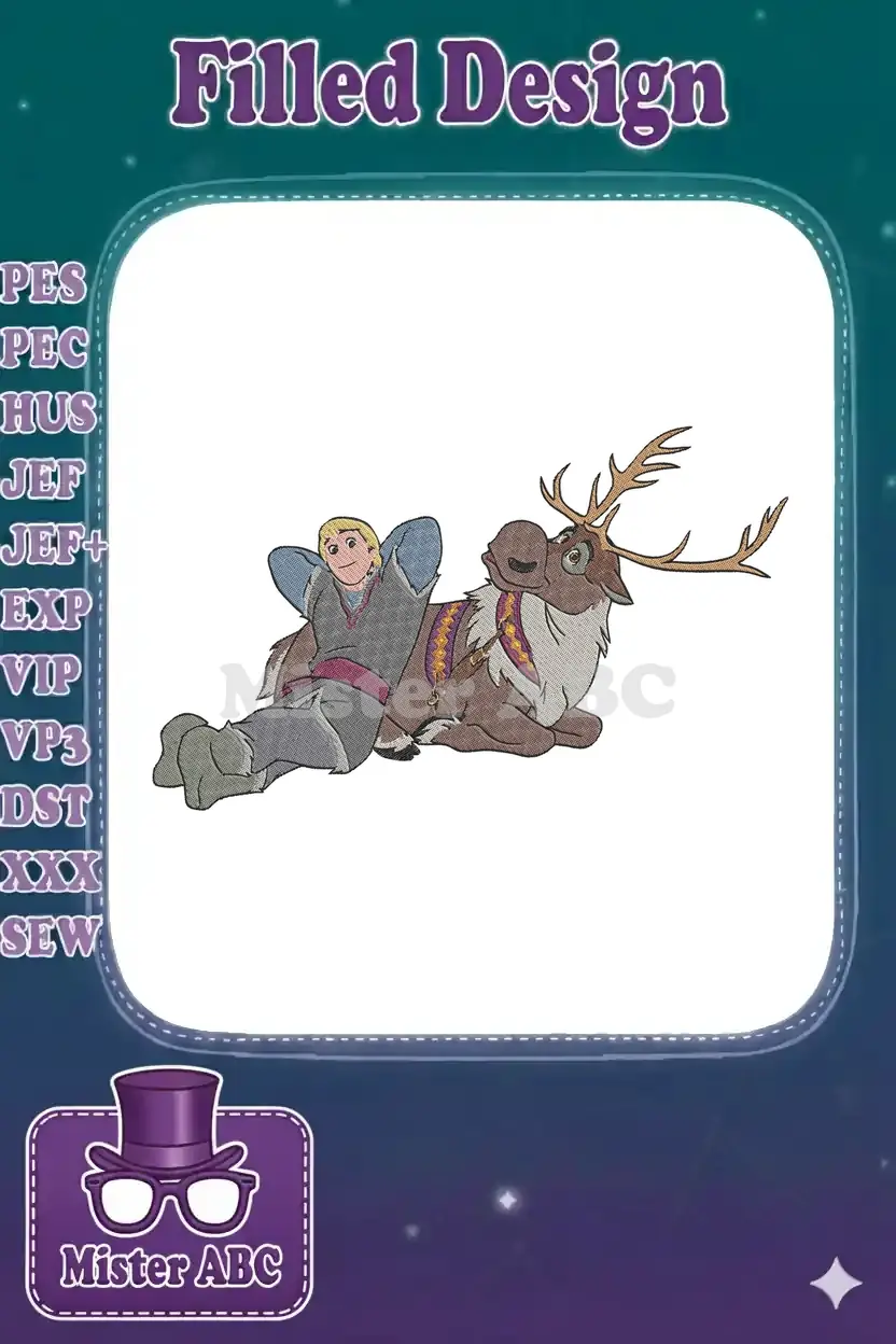 Full-color embroidery of Kristoff and Sven from Disney's Frozen, showing the friendly duo in a relaxed pose.