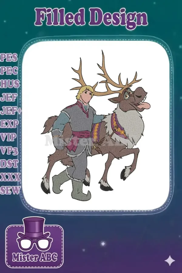 Kristoff and Sven from Disney's Frozen, depicted in a detailed machine embroidery design, showcasing their iconic friendship.