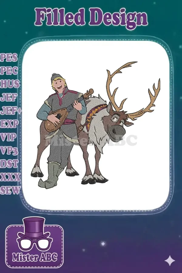 Detailed embroidery design of Kristoff playing a lute while riding Sven from Disney's Frozen, on a white background.