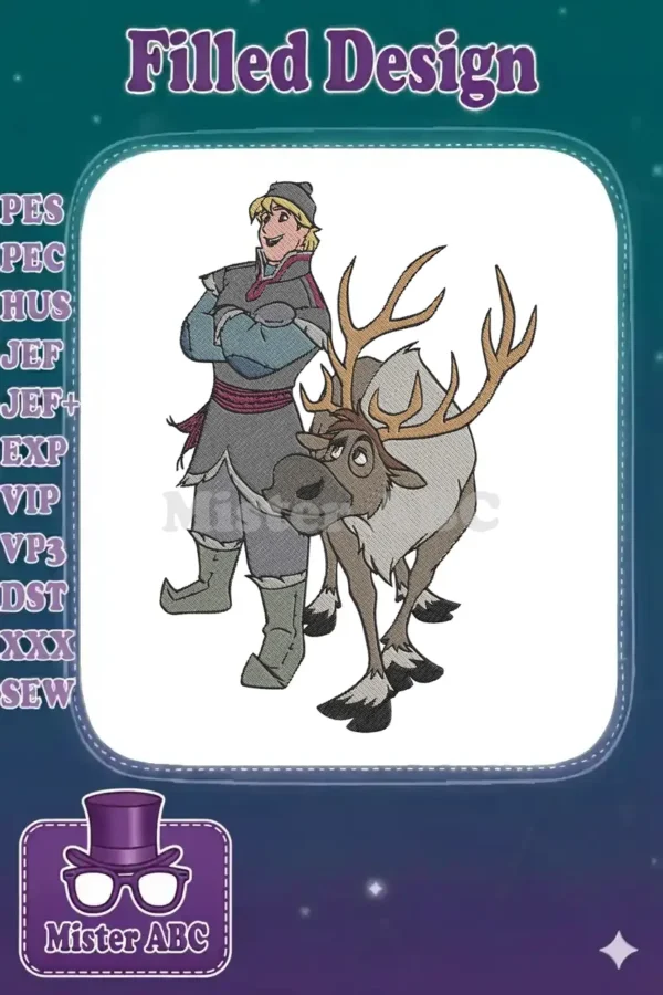 Full-color embroidery design of Kristoff and Sven from Disney's Frozen, showcasing their friendly bond and detailed textures.