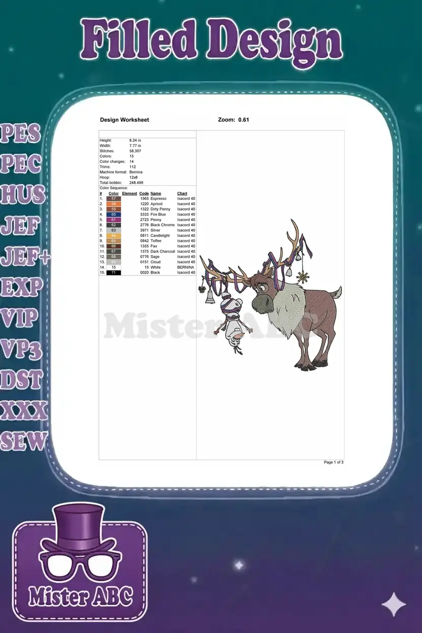 Design worksheet for the Sven and Olaf embroidery, detailing dimensions, stitch count, color sequence, and machine specifications.