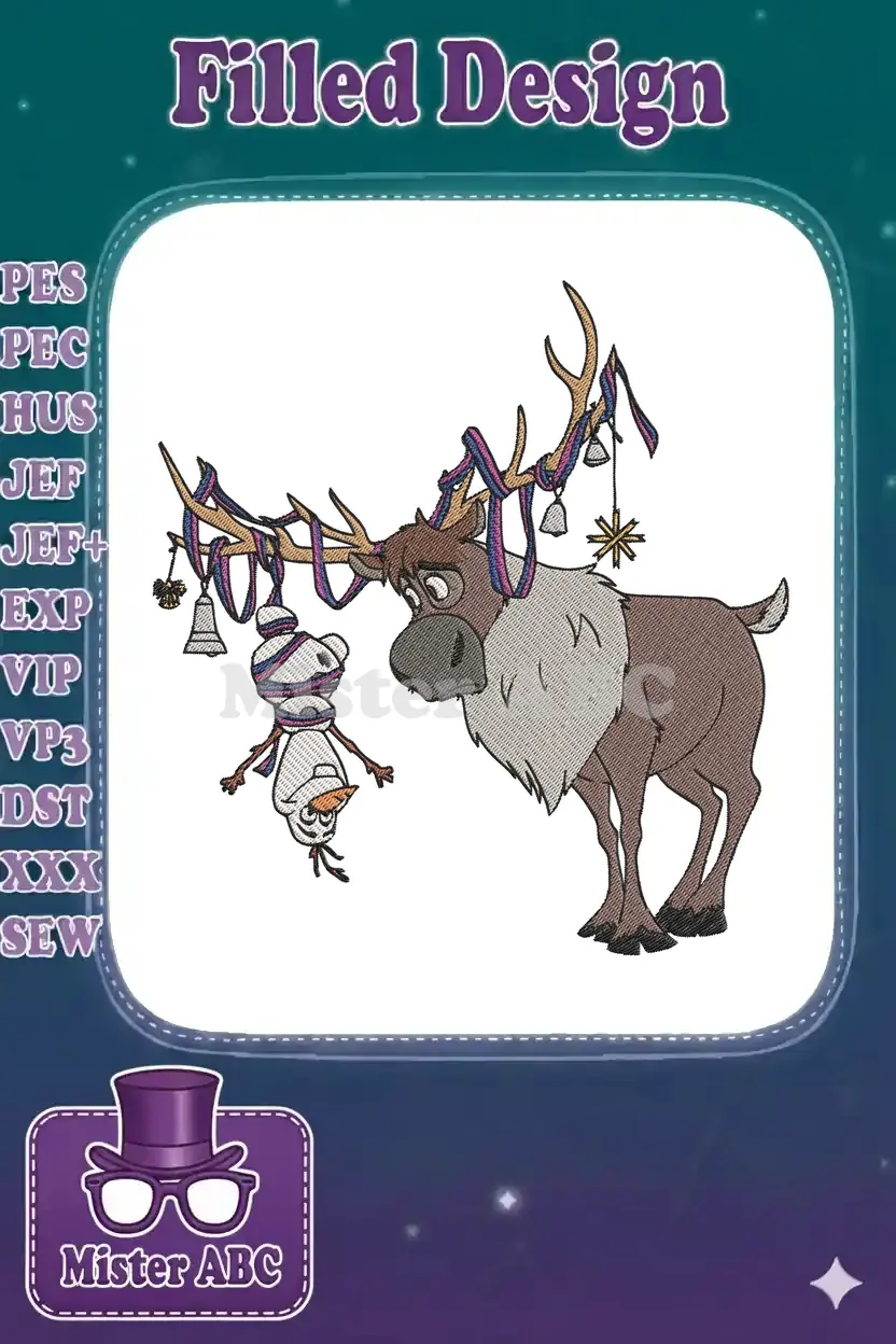 A delightful embroidery design showing Sven the reindeer with Olaf the snowman playfully hanging from his festive, bell-decorated antlers.