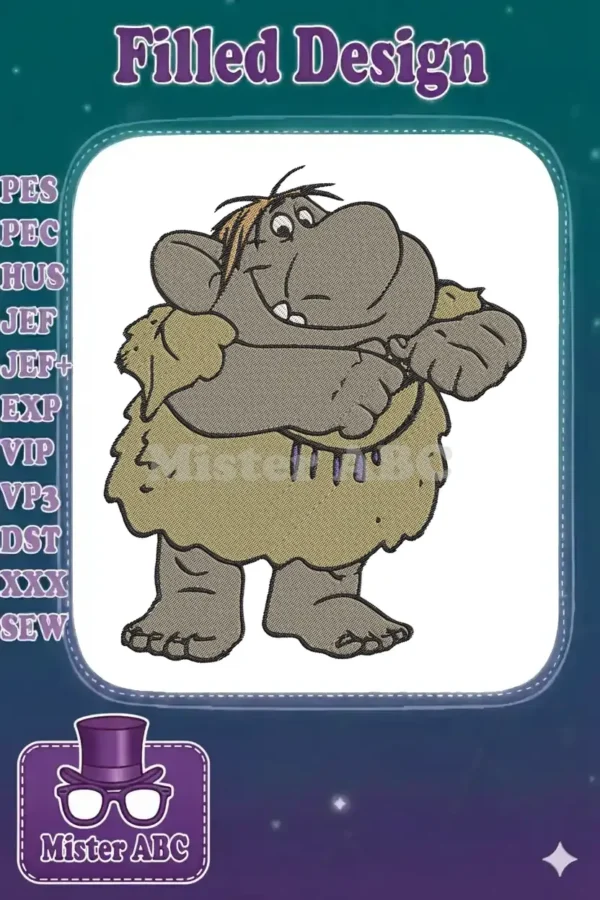 Detailed embroidery design of a friendly grey Frozen rock troll, smiling with shaggy hair and a fur outfit.
