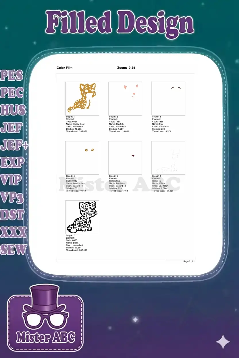 Color film breakdown for the baby jaguar embroidery, showing each color's stitch order and thread usage.