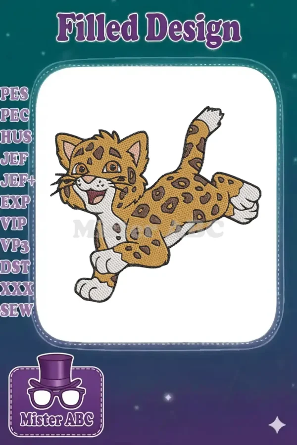 Vibrant embroidery design of a playful cartoon jaguar cub in a dynamic jumping pose, perfect for children's items.