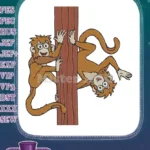 Cute cartoon brown monkeys climbing tree pole embroidery designs - Instant Download