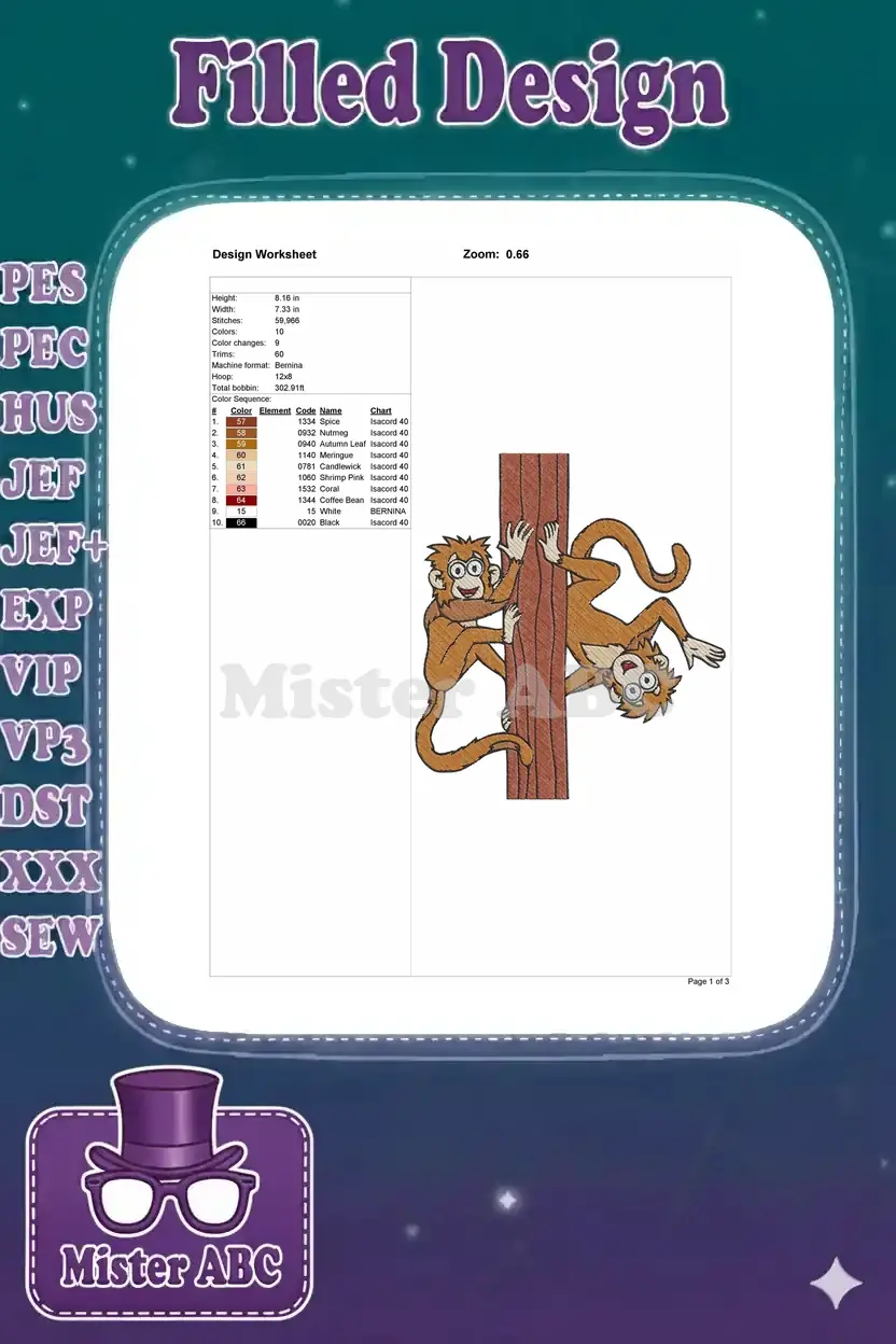 Embroidery design worksheet detailing dimensions, stitch count, thread colors, and a visual representation of the monkey design.