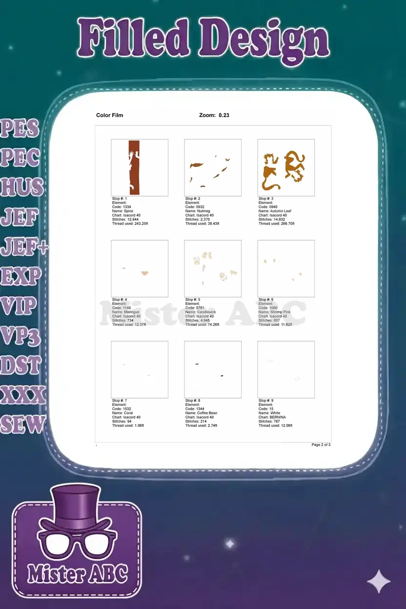 First page of the embroidery color film, showing individual color stop elements of the monkey design, from tree to monkey fur.