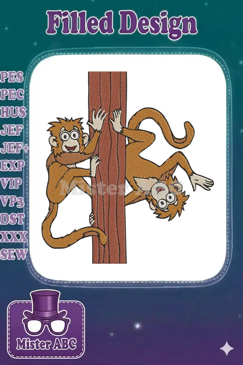 Two playful embroidered monkeys, one climbing up and another hanging upside down on a textured tree trunk.