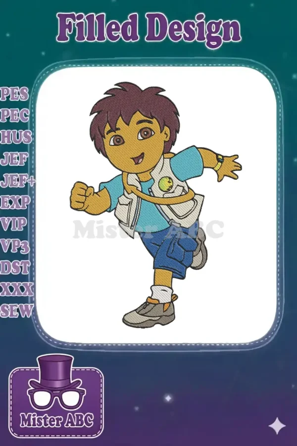 A dynamic embroidery design of Diego from Dora the Explorer, running with a cheerful expression, ready for adventure.