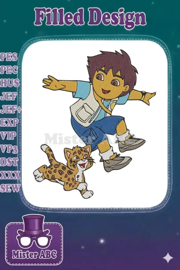 Full color embroidery of Diego from Go, Diego, Go! jumping with Baby Jaguar, detailed and vibrant.