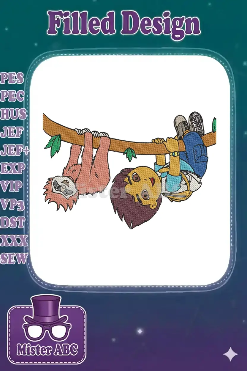Diego and a sloth hanging upside down from a tree branch, a colorful and playful embroidery design for kids.