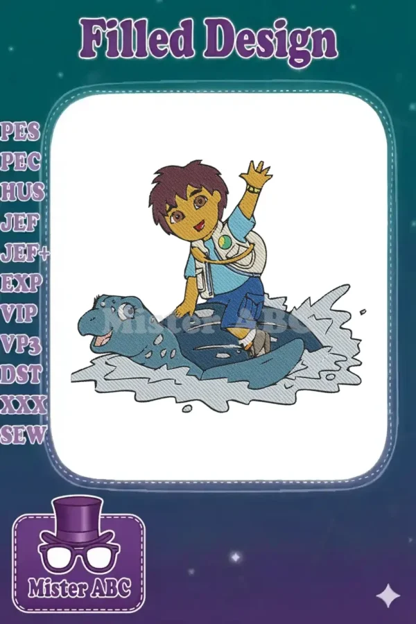 Diego from Go, Diego, Go! riding a cheerful blue sea turtle, surrounded by stylized ocean waves.