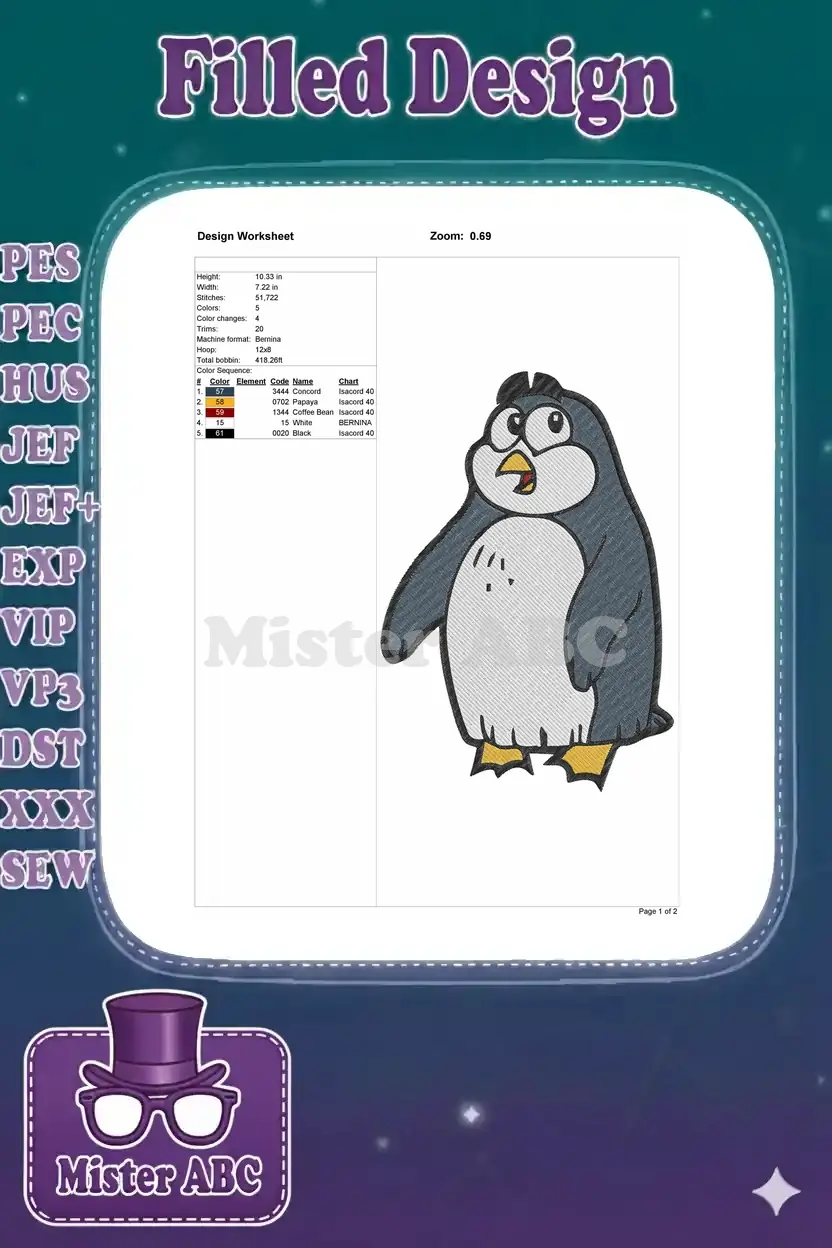 An embroidery design worksheet displaying technical specifications like dimensions, stitch count, colors, and hoop size.