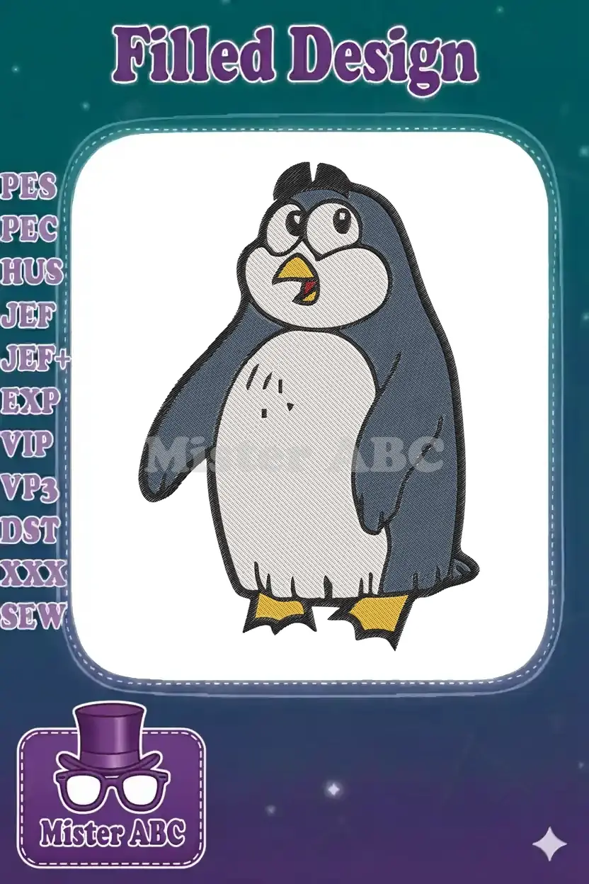 A vibrant machine embroidery design featuring a cartoonish, wide-eyed penguin with a surprised expression, outlined in black.