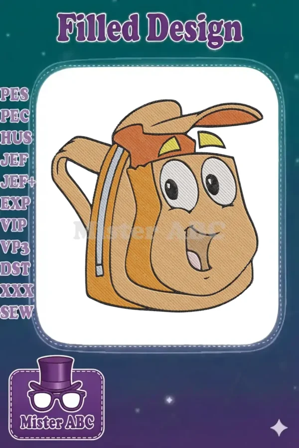 A cheerful, animated embroidery design of Backpack from Dora the Explorer, featuring vibrant orange and beige tones.