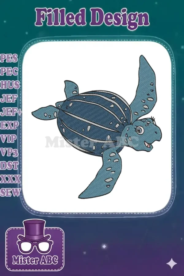 Vibrant cartoon sea turtle embroidery design, featuring shades of blue and white, with a friendly expression.