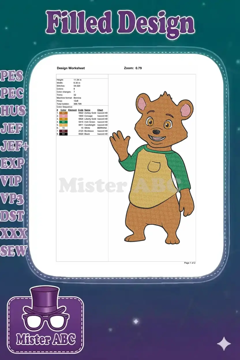 Embroidery design worksheet detailing dimensions, stitch count, color sequence, and thread codes for the bear.
