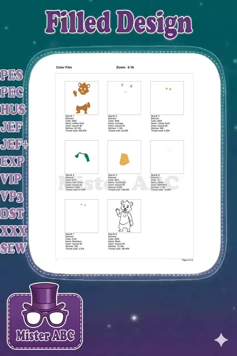 Color film sequence showing the stitch order and individual elements of the waving bear embroidery design.