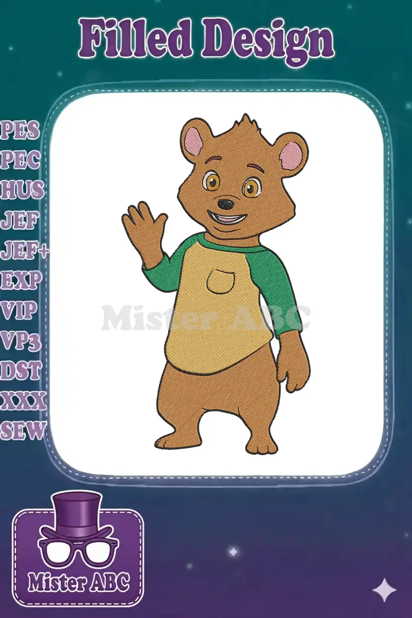 A cheerful brown cartoon bear wearing a green and yellow shirt, waving with a friendly smile, full embroidery design.