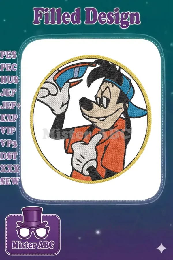 A vibrant circular embroidery design featuring Max Goof in a blue cap, orange shirt, with a playful expression.