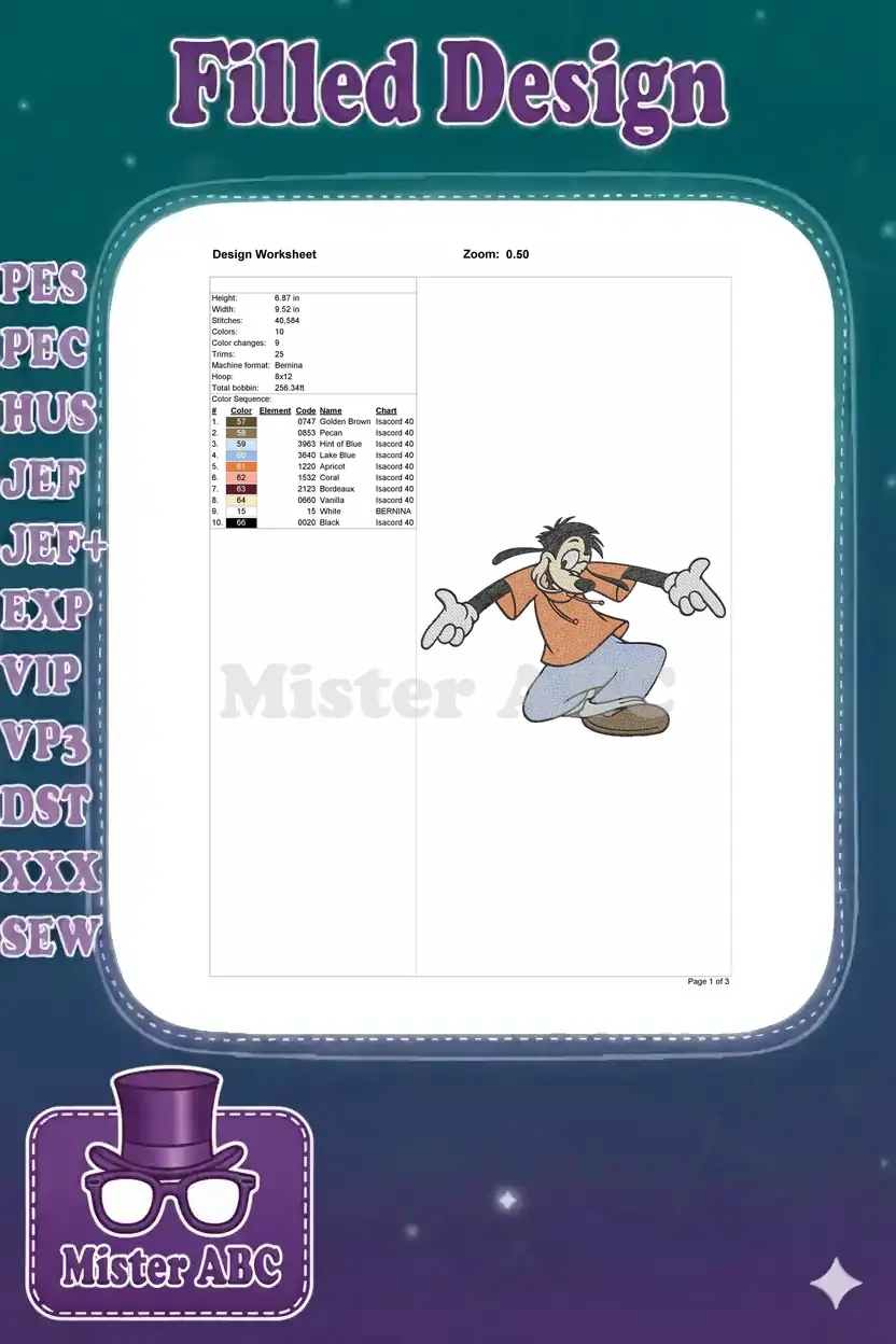 Embroidery design worksheet for Max Goof, detailing dimensions, stitch count, thread colors, and machine format.