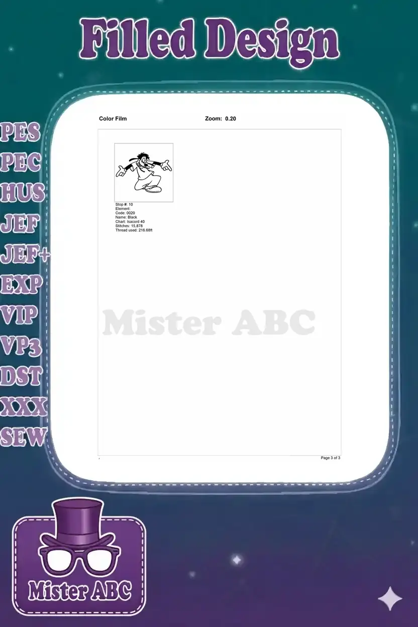 Color film page for Max Goof embroidery, showing the final black outline stitch element (color 10).