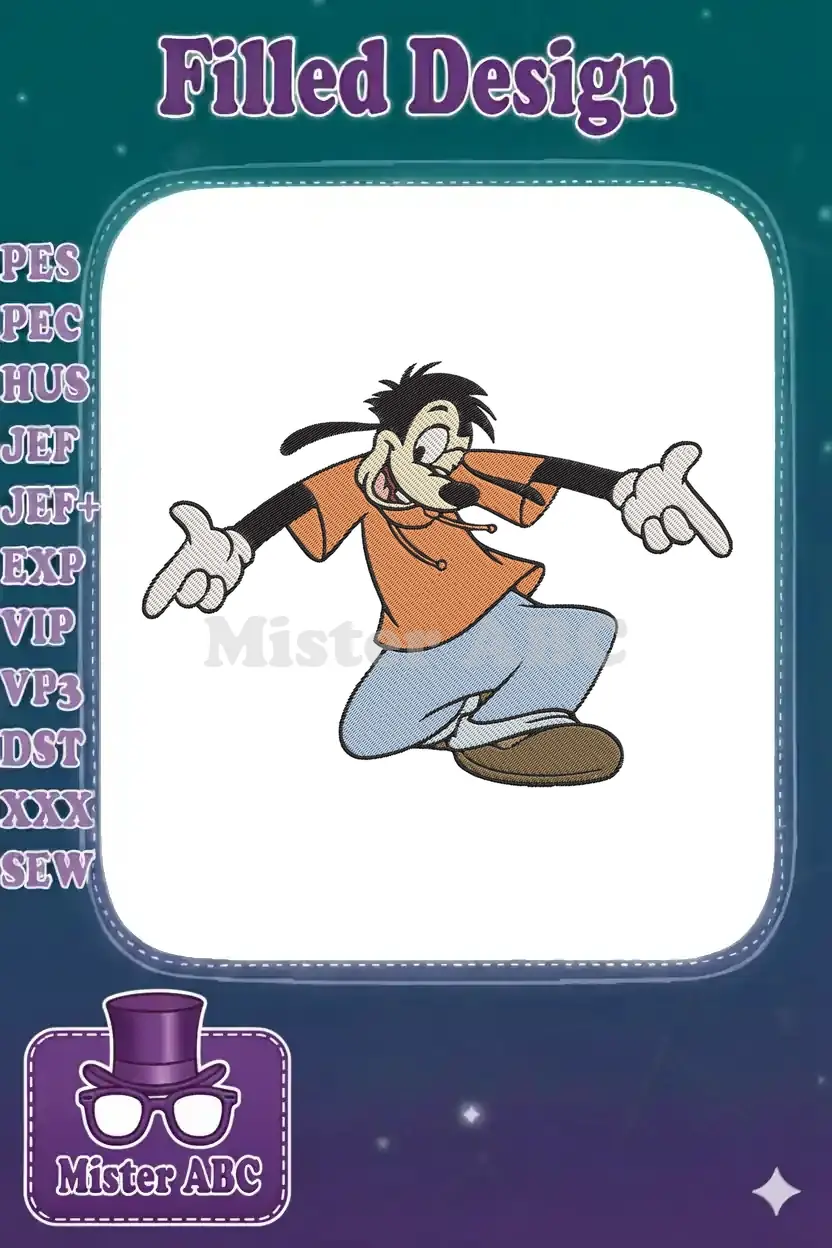 Max Goof embroidery design, full of energy, wearing an orange hoodie and blue pants, pointing and smiling.