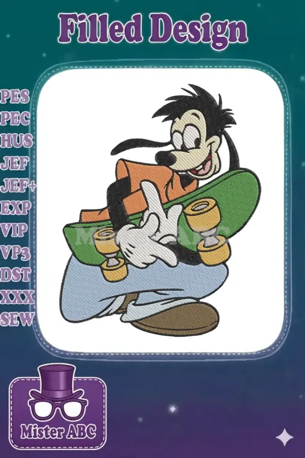 A detailed embroidery design of Max Goof, Goofy's son, joyfully riding a skateboard with a big smile.