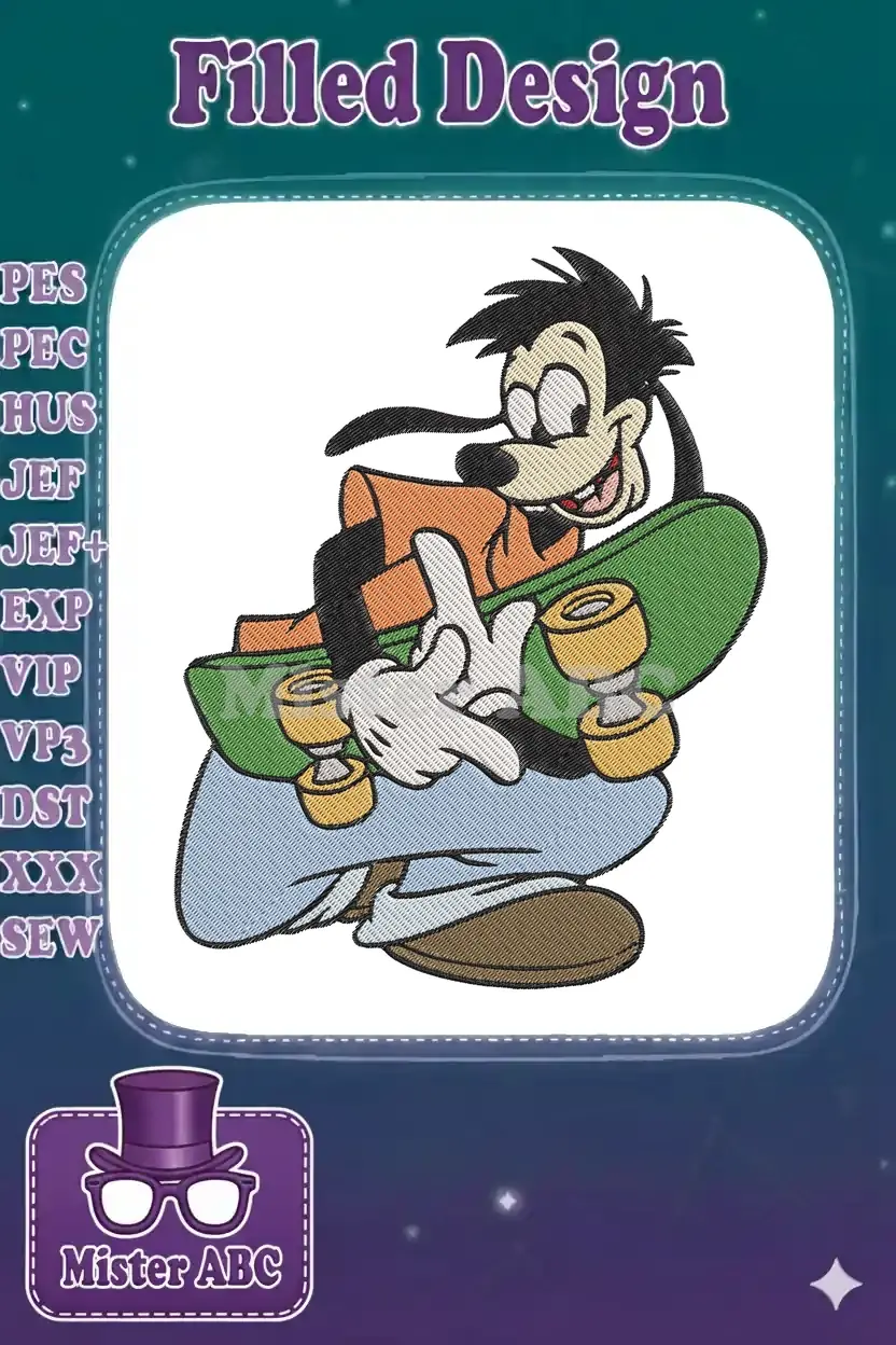 A detailed embroidery design of Max Goof, Goofy's son, joyfully riding a skateboard with a big smile.