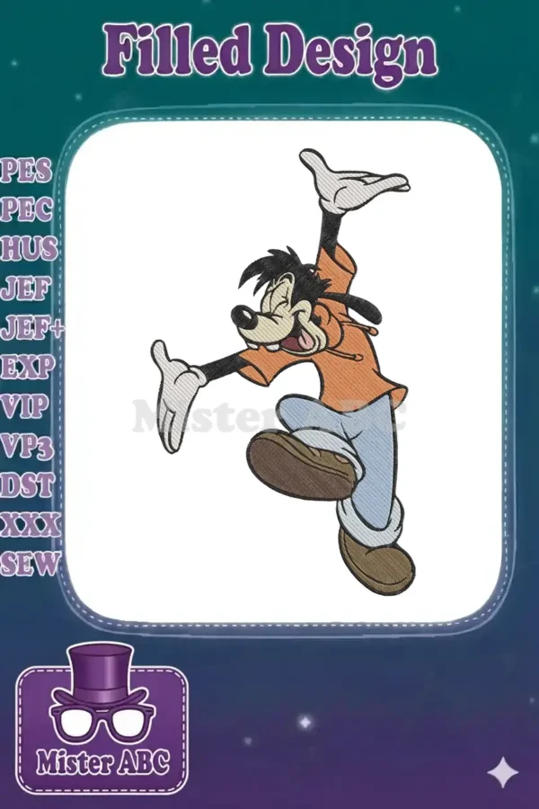 Max Goof embroidery design, depicted in an energetic jumping pose with a wide smile, wearing an orange hoodie.