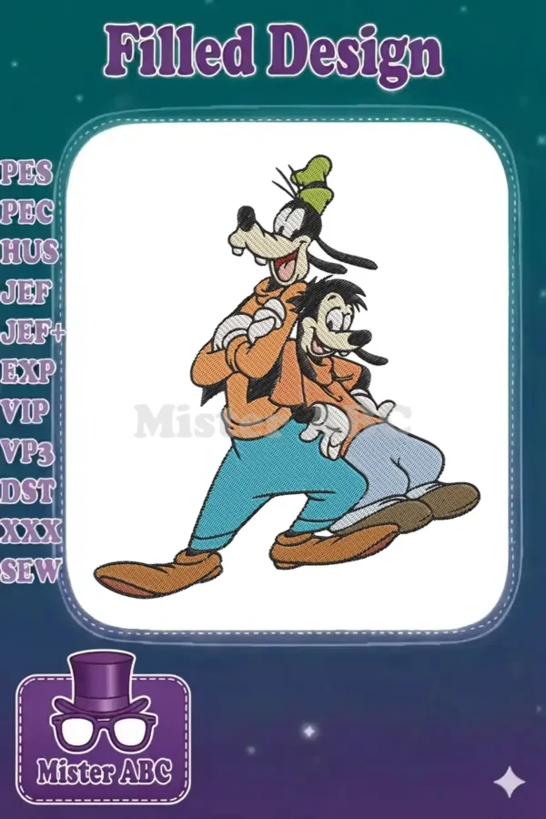 A detailed embroidery design of Disney's Goofy and Max walking together, smiling, with vibrant colors.