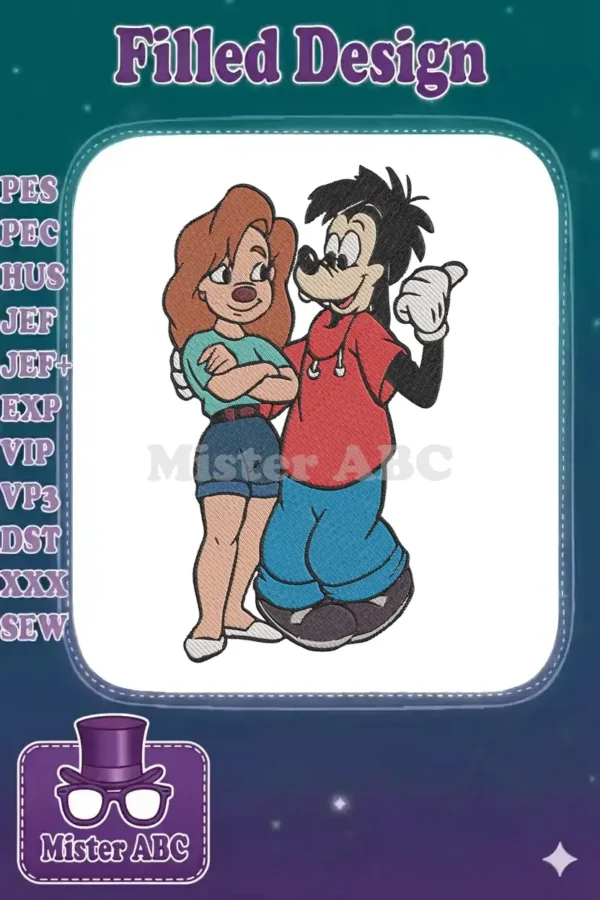 A vibrant embroidery design featuring Max Goof and Roxanne from A Goofy Movie, standing together in a sweet pose.