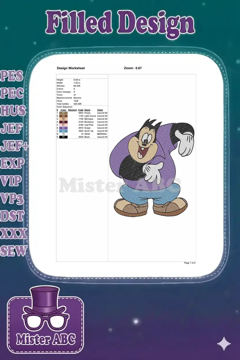 Embroidery design worksheet for Pete, detailing dimensions, stitch count, color sequence, and machine specifications clearly.
