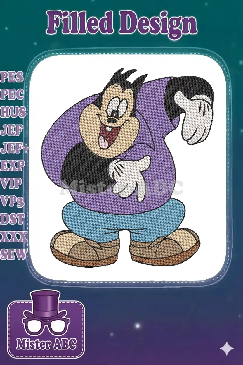 Vibrant embroidery design of Pete, the classic Disney character, in a cheerful pose, wearing a purple shirt and blue pants.