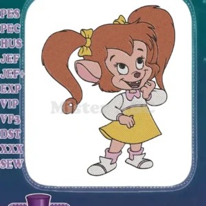Vibrant embroidery design of Tanya Mousekewitz, the cheerful mouse from An American Tail, with dual ponytails.