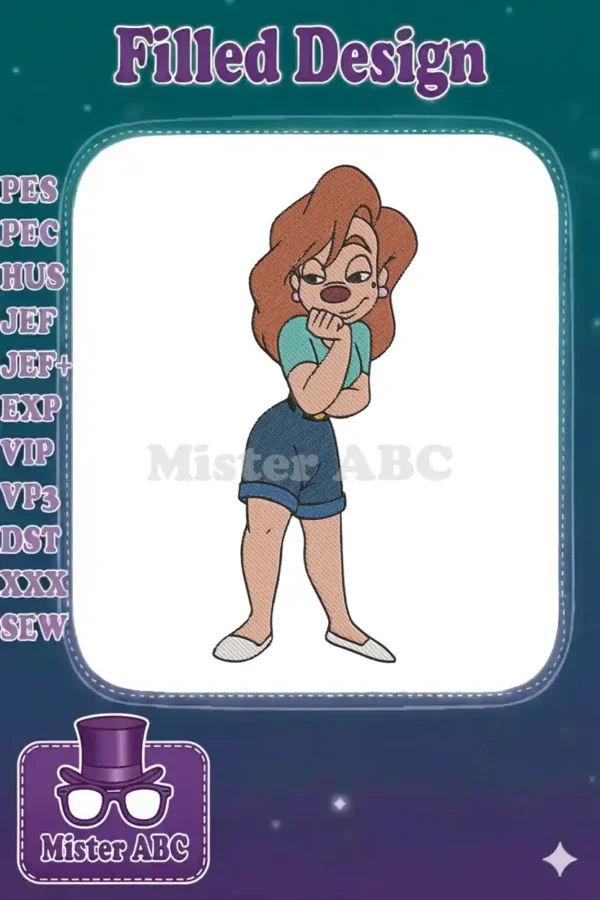 A delightful embroidery of Roxanne from A Goofy Movie, featuring her iconic pose and vibrant, detailed stitching.