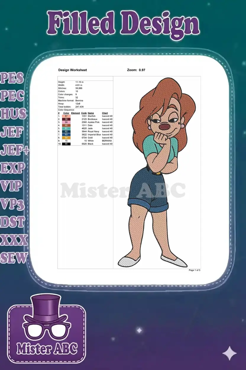 The embroidery design worksheet for Roxanne, detailing dimensions, stitch count, thread colors, and machine compatibility.