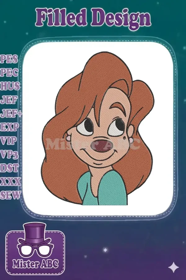 Close-up of Roxanne embroidery design, featuring her iconic reddish-brown hair and teal top, with a friendly smile.