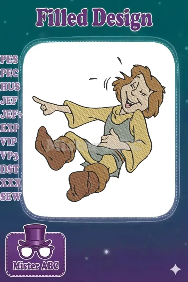 Embroidered design of a cheerful medieval boy laughing, pointing, holding his stomach, showcasing detailed fill stitches.